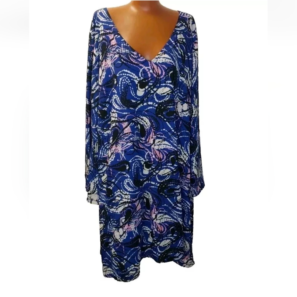 Lane Bryant Dress Woman Plus 28W Blue Abstract Geometric Layered Bell Sleeves